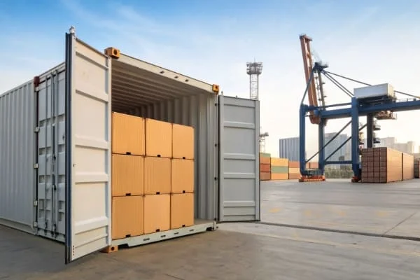Open shipping container filled with boxes at a seaport terminal, with cranes and stacked containers in the background.