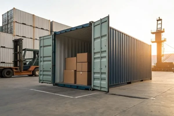 A full shipping container next to a container with various boxes inside