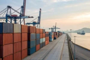 Rows of stacked shipping containers and cranes at a port with a ship in the distance, indicating international trade and logistics.