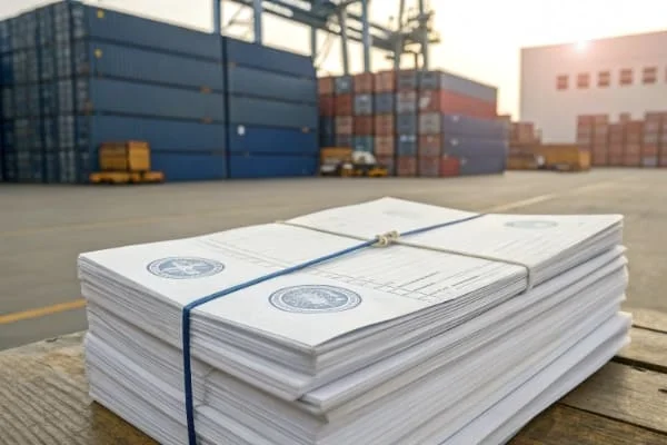 A stack of official shipping documents like a Bill of Lading