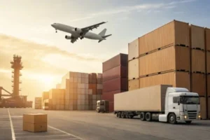 A cargo plane flying over a busy shipping yard with stacked containers and trucks at sunset, depicting global logistics and transportation.
