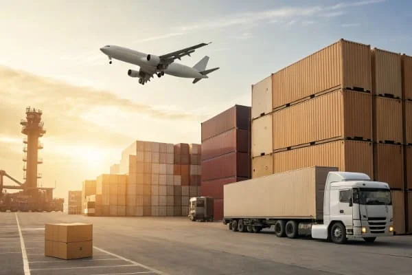A cargo plane flying over a busy shipping yard with stacked containers and trucks at sunset, depicting global logistics and transportation.