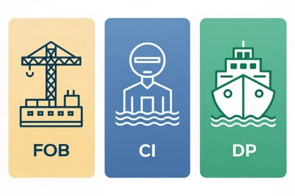 Three signs representing FOB, CIF, and DDP Incoterms
