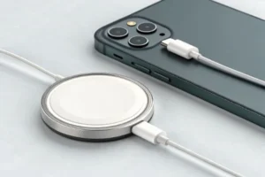 Smartphone next to a wireless charging pad connected by a cable, set on a white surface, showcasing charging technology.