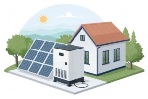 Illustration of a house with solar panels and energy storage unit under a sunny sky.