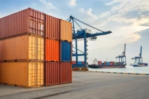 Colorful stacked shipping containers at a port with cranes and cargo ships in the background under a cloudy sky.