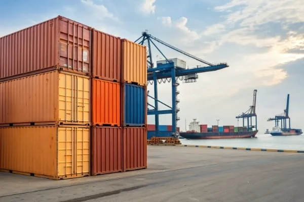 Colorful stacked shipping containers at a port with cranes and cargo ships in the background under a cloudy sky.