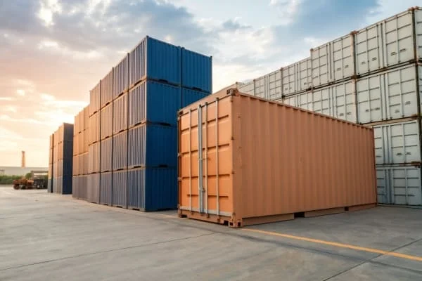 A full container (FCL) next to a shared container with stacked boxes (LCL)