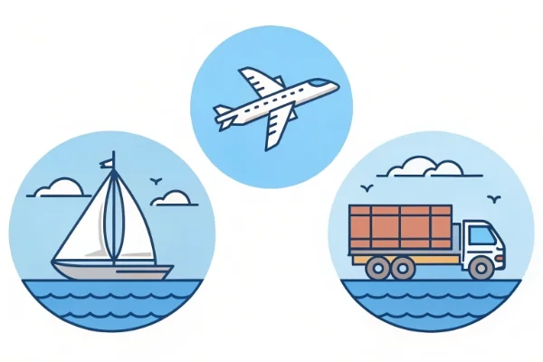 Icons for sea, air, and express shipping