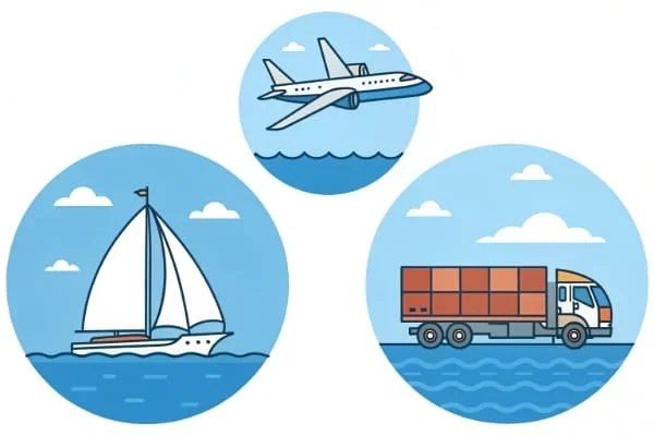 Icons for sea, air, and express shipping