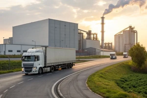 A truck leaving a factory and another truck arriving at a warehouse