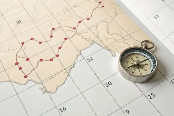 A calendar and a clock over a map from China to Qatar