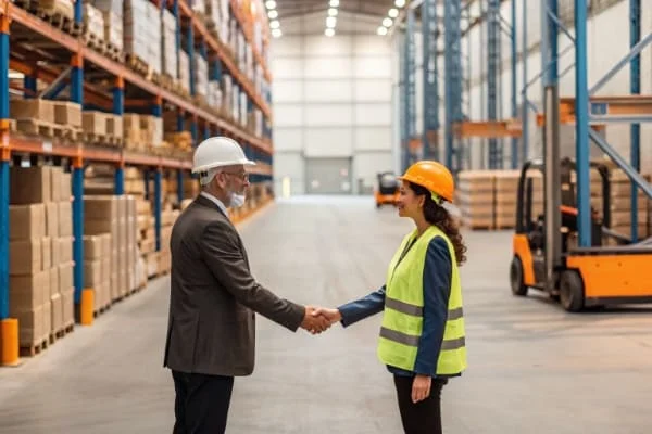 A person shaking hands with a logistics professional in a warehouse