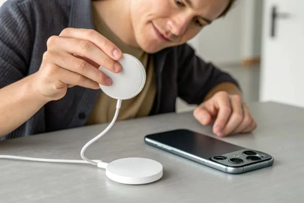 A person testing the magnetic strength of a MagSafe compatible charger