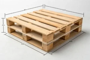 Wooden pallet showing detailed measurements on all sides, illustrating its dimensions for storage and shipping purposes.