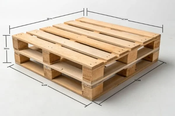 Wooden pallet showing detailed measurements on all sides, illustrating its dimensions for storage and shipping purposes.