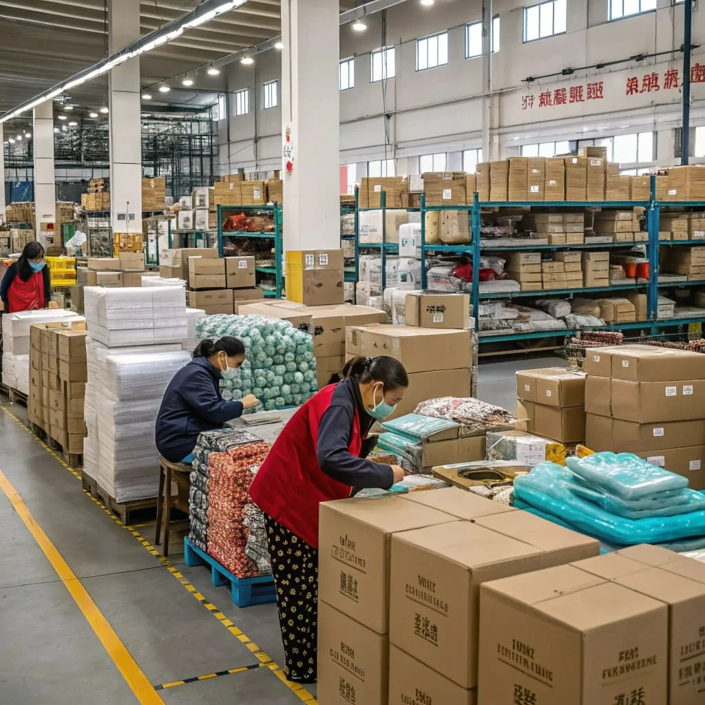Workers diligently packing products in a spacious warehouse filled with stacked boxes and items, showcasing an organized supply chain operation.