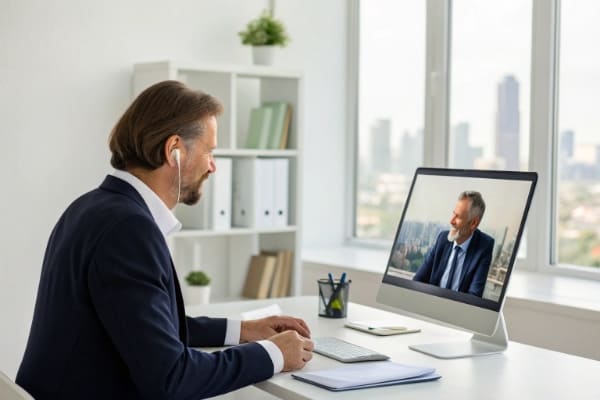 A business owner on a video call with a potential freight forwarder