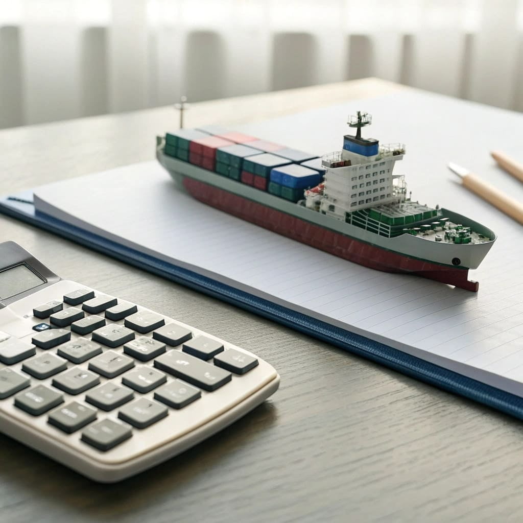 A calculator and a miniature container ship on a desk