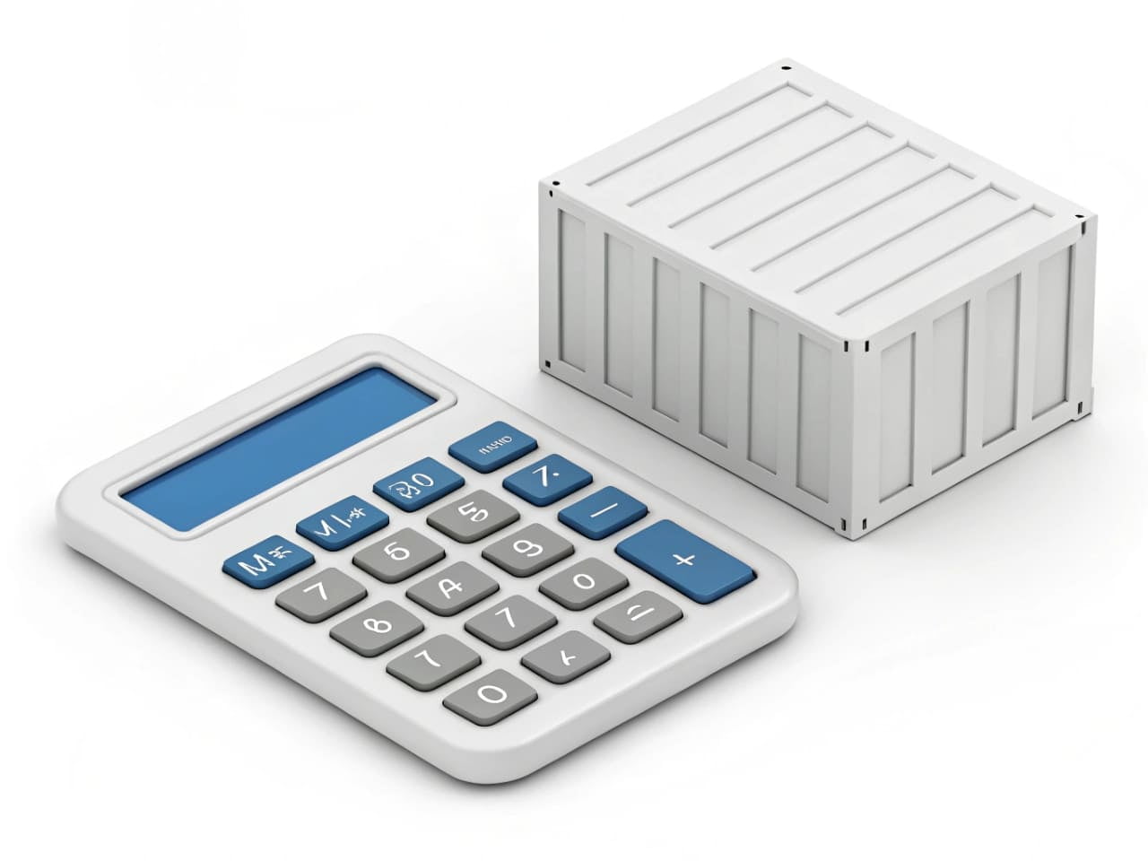 A calculator and a miniature container, symbolizing the cost of shipping