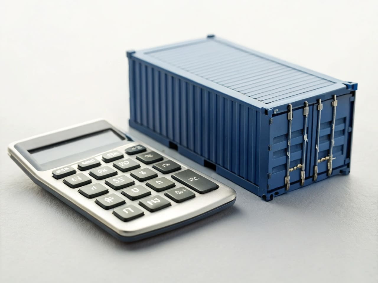 A calculator and a miniature container, symbolizing freight costs