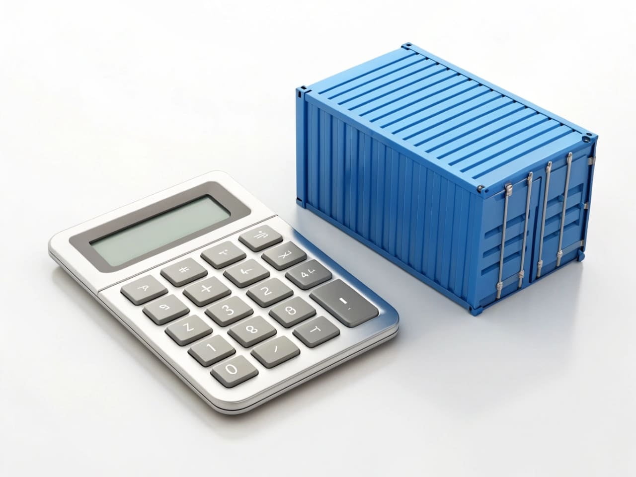 A calculator and a miniature container to represent shipping costs
