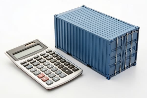 A calculator and shipping container to represent freight costs