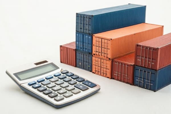 A calculator and shipping containers to represent shipping costs