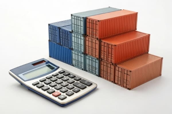 A calculator and shipping containers to represent shipping costs