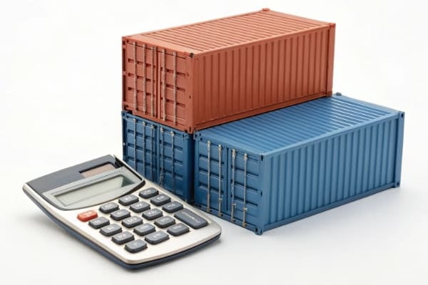 A calculator and shipping containers to represent shipping costs