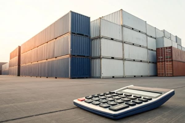 A calculator and shipping containers