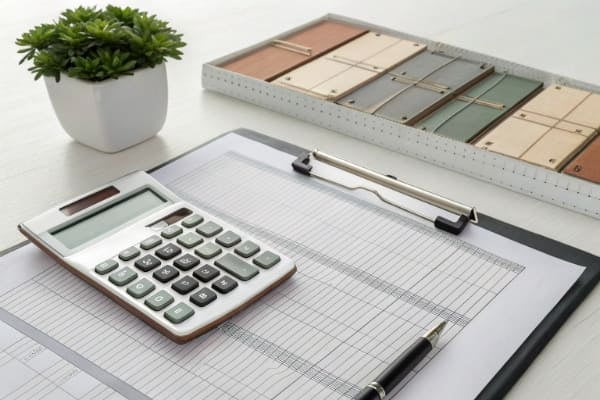 A calculator and shipping documents on a desk