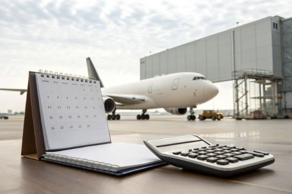 A calendar and a calculator next to a cargo plane