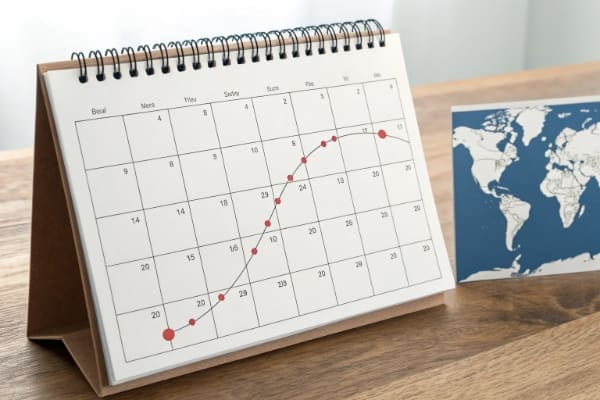 A calendar and a map from China to the UK showing shipping times