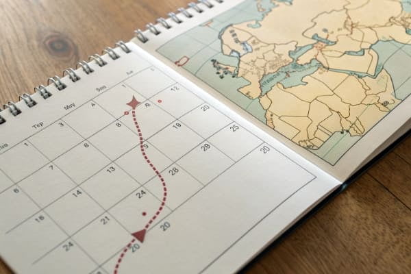 A calendar and a map showing the route from China to UAE