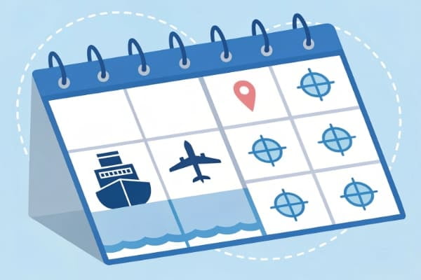 A calendar with a ship and airplane icon marking dates