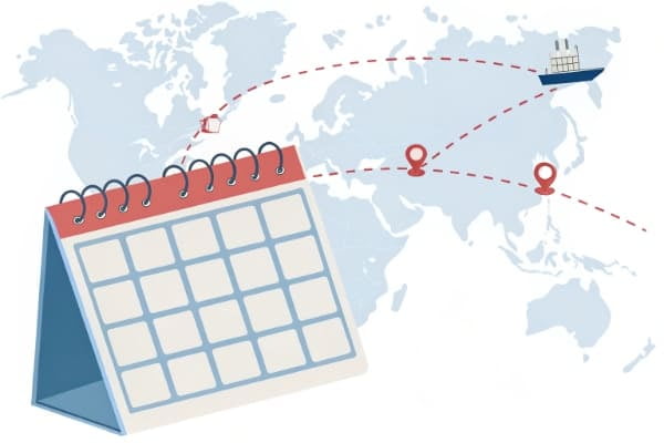 A calendar with shipping route from China to Qatar marked