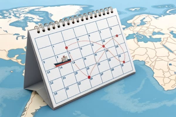 A calendar with shipping routes marked