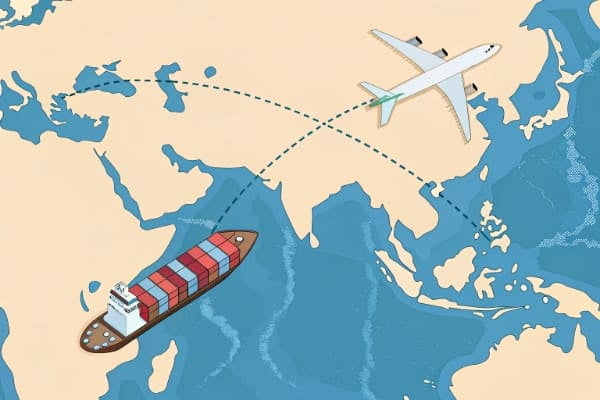 A cargo ship and a plane moving between China and Qatar on a map
