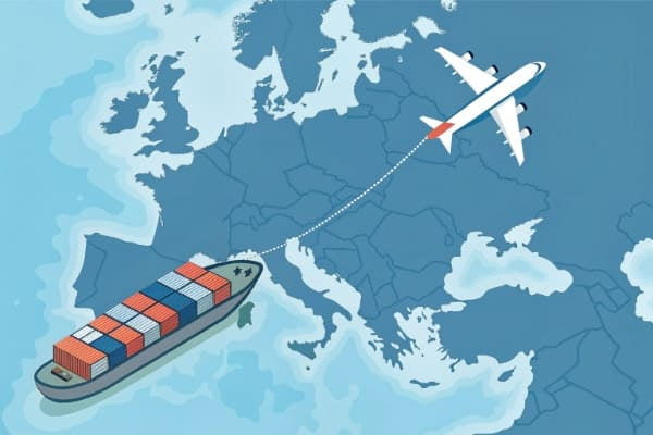 A cargo ship and an airplane moving between China and Germany maps