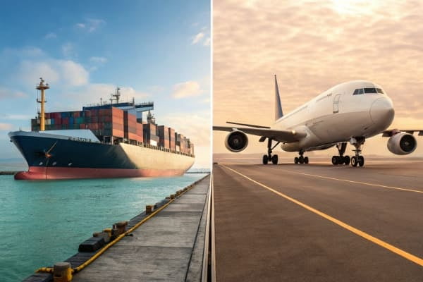 A cargo ship next to a cargo plane to compare ocean and air freight