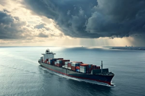 A cargo ship with containers sailing on the ocean from China to Canada