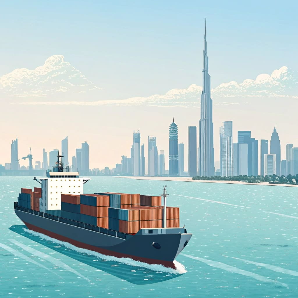 A cargo ship with containers sailing towards the UAE skyline