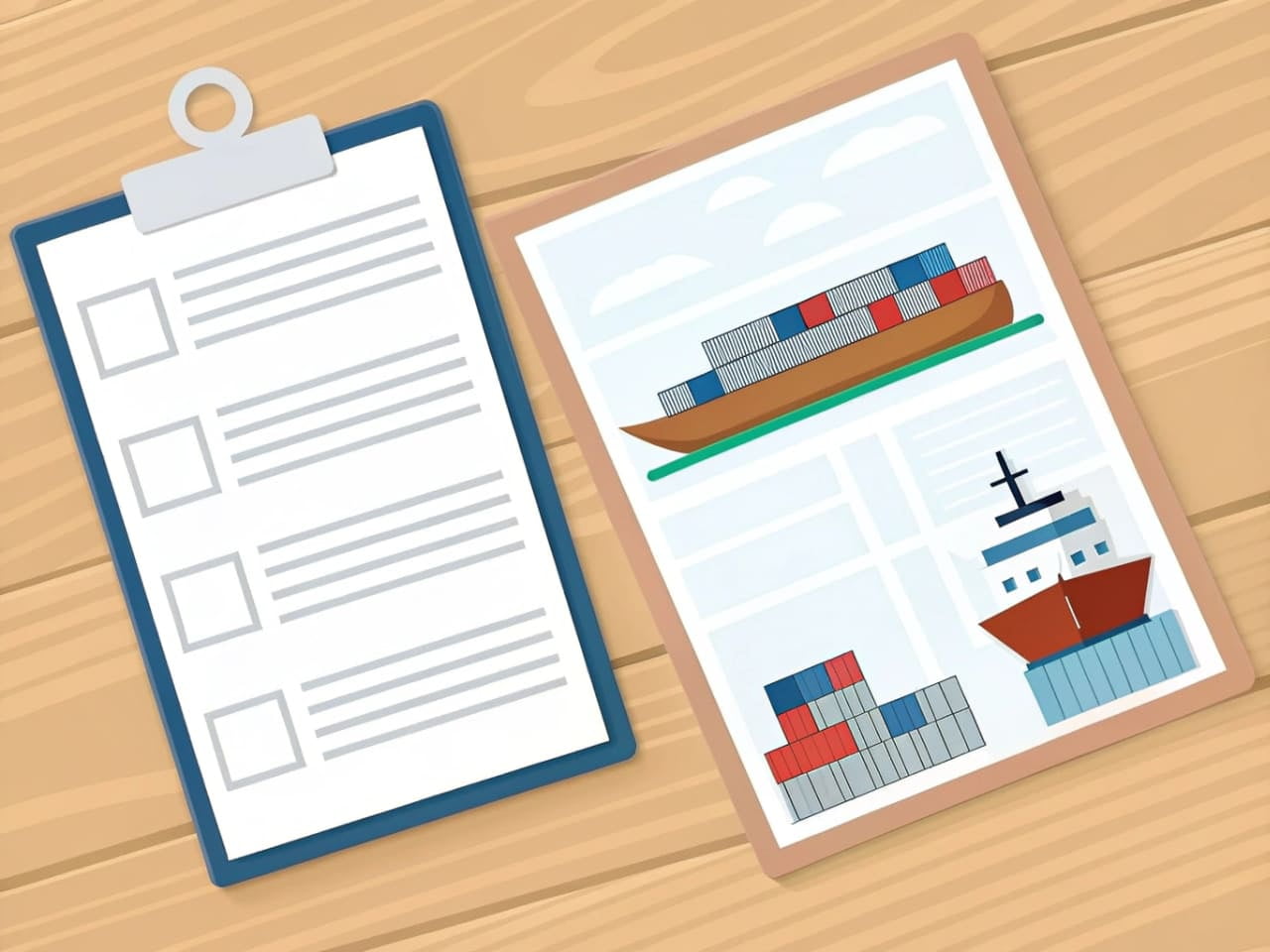 A collection of shipping documents like a Bill of Lading, Commercial Invoice, and Packing List