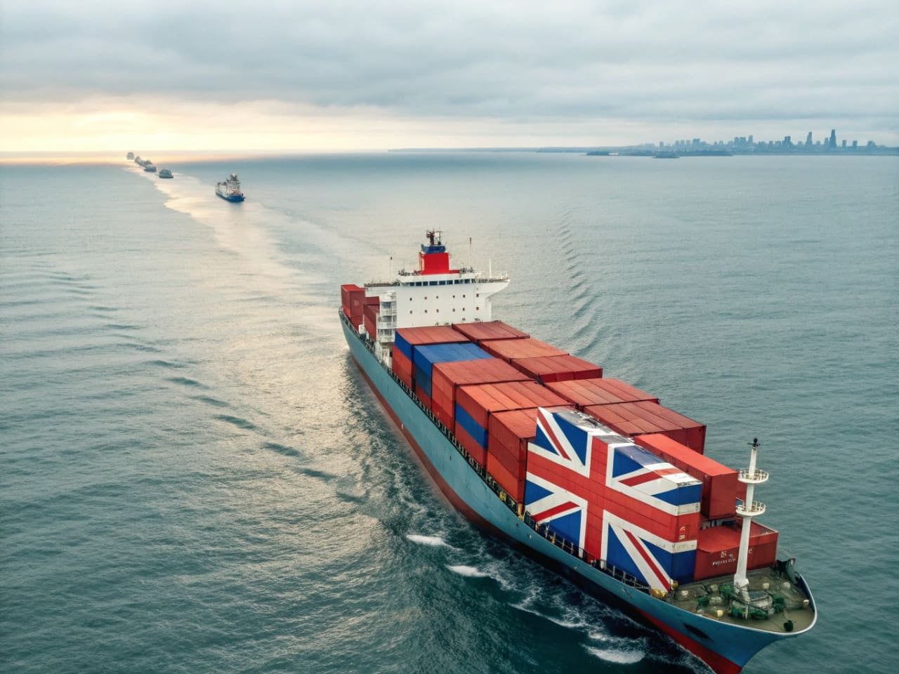 A container ship sailing on the ocean with the UK flag in the background