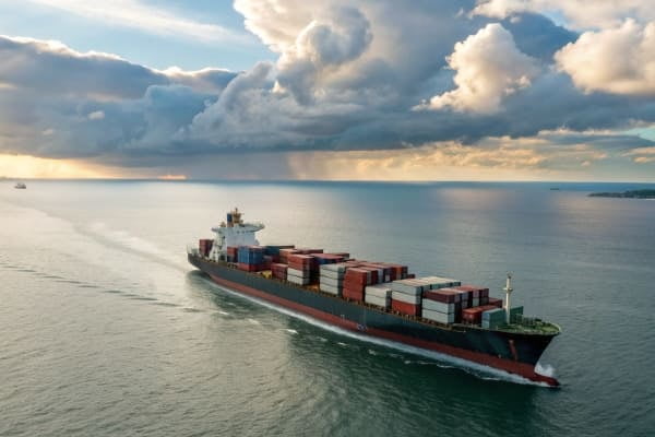 A container ship sailing on the ocean with cargo from China to New Zealand