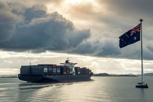 A container ship with the New Zealand flag in the background