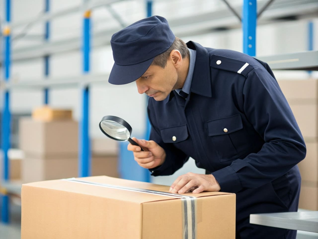 A customs officer inspecting a package with a magnifying glass