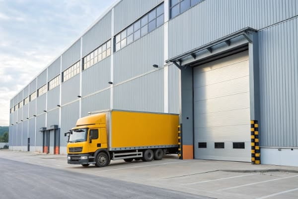 A delivery truck at a warehouse door