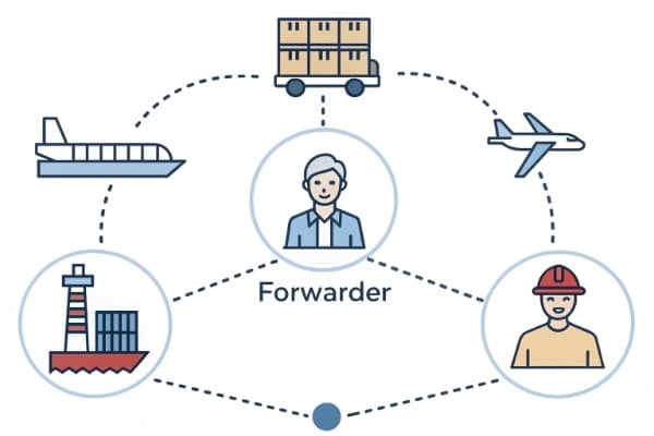 A diagram showing the roles of shipper, forwarder, and airline